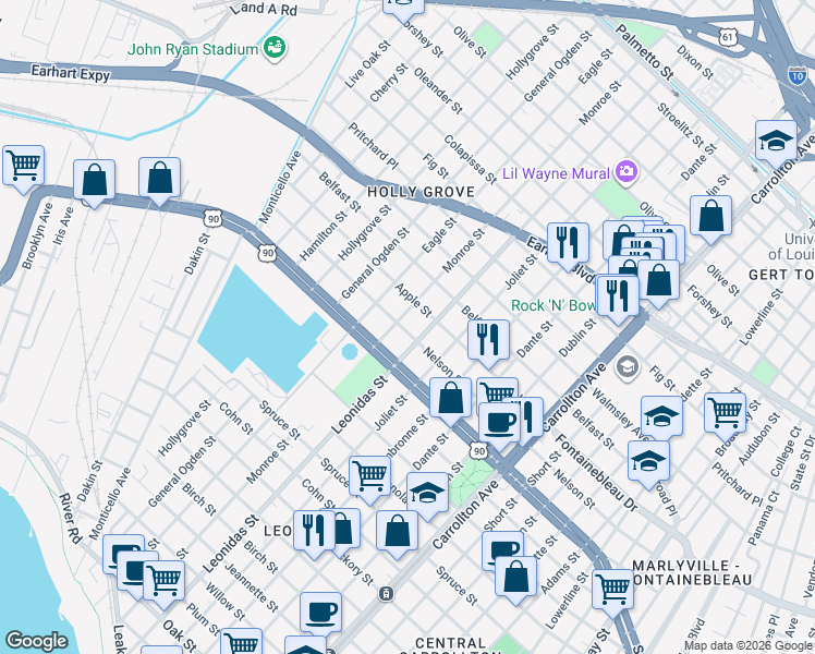 map of restaurants, bars, coffee shops, grocery stores, and more near 8637 Nelson Street in New Orleans