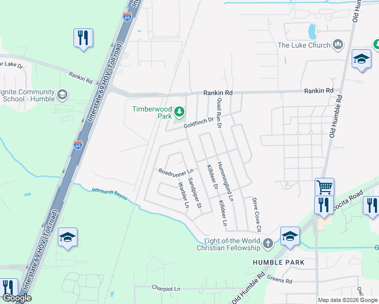 map of restaurants, bars, coffee shops, grocery stores, and more near 2802 Kingfisher Drive in Humble