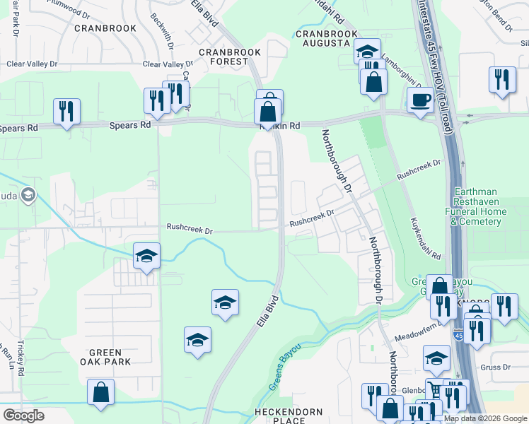 map of restaurants, bars, coffee shops, grocery stores, and more near 822 Forest Ivy Lane in Houston