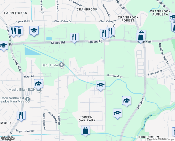 map of restaurants, bars, coffee shops, grocery stores, and more near 12019 Gregory Crossing Way in Houston