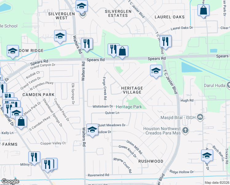 map of restaurants, bars, coffee shops, grocery stores, and more near 2511 Foxville Drive in Houston