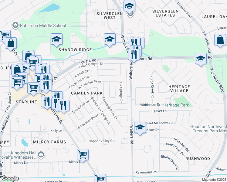 map of restaurants, bars, coffee shops, grocery stores, and more near 11931 Bald Mountain Circle in Houston