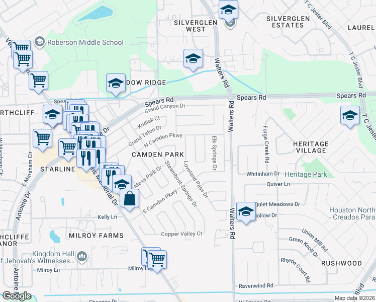 map of restaurants, bars, coffee shops, grocery stores, and more near 11955 Loveland Pass Drive in Houston