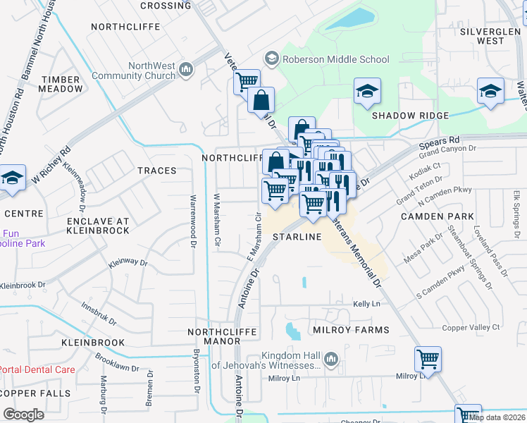 map of restaurants, bars, coffee shops, grocery stores, and more near 3607 Oakhall Drive in Houston