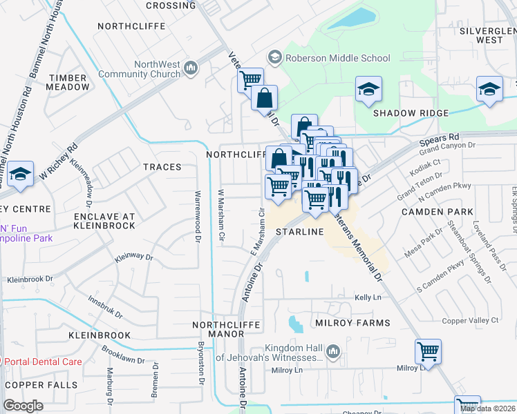 map of restaurants, bars, coffee shops, grocery stores, and more near 3607 Oakhall Drive in Houston