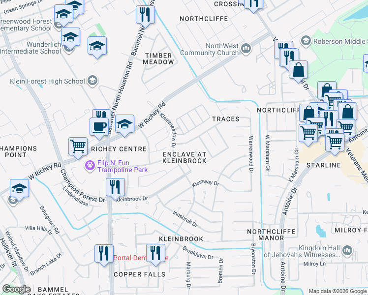 map of restaurants, bars, coffee shops, grocery stores, and more near 4823 Tracemeadow Drive in Houston