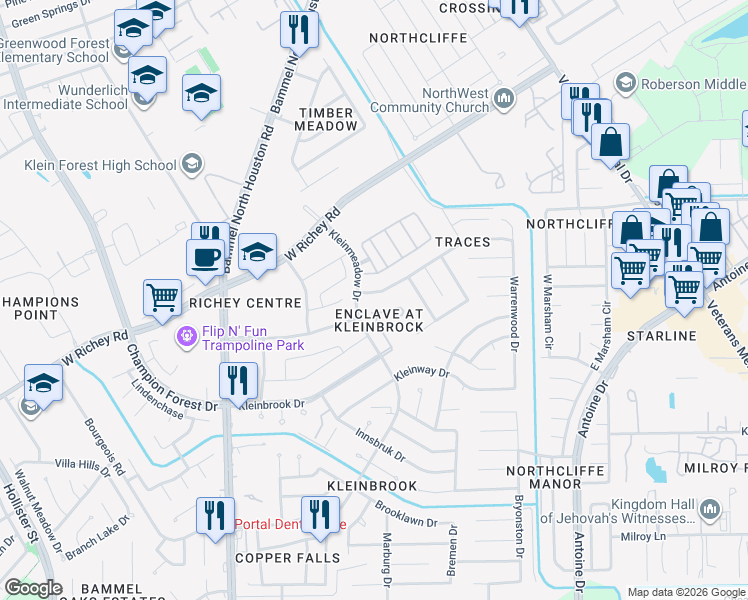 map of restaurants, bars, coffee shops, grocery stores, and more near 4823 Tracemeadow Drive in Houston