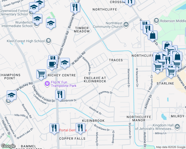 map of restaurants, bars, coffee shops, grocery stores, and more near 4823 Tracemeadow Drive in Houston