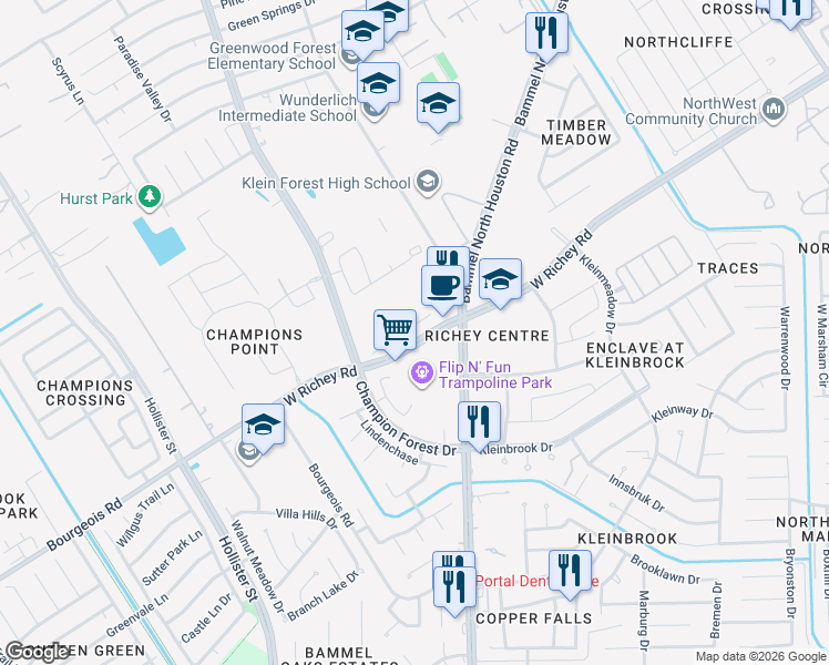 map of restaurants, bars, coffee shops, grocery stores, and more near 12523 Hamill Path Drive in Houston