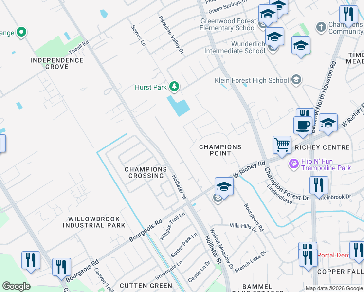 map of restaurants, bars, coffee shops, grocery stores, and more near 12603 Mitchell Lane in Houston