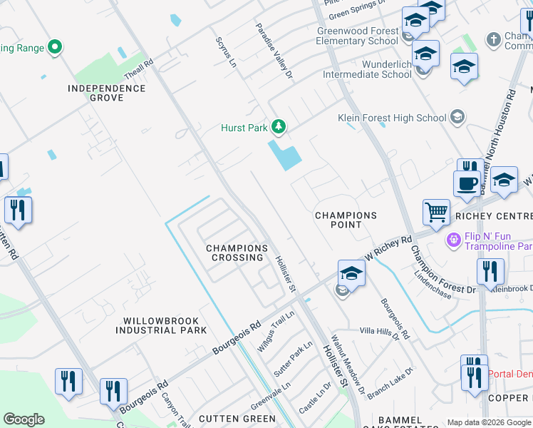 map of restaurants, bars, coffee shops, grocery stores, and more near 11903 Bourgeois Forest Drive in Houston
