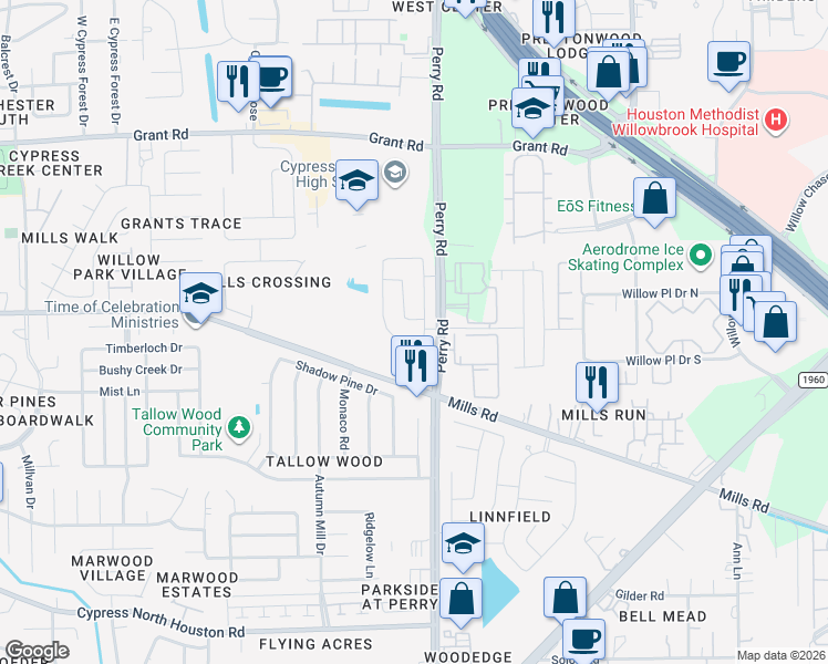 map of restaurants, bars, coffee shops, grocery stores, and more near 9819 Mills Creek Village Drive in Houston
