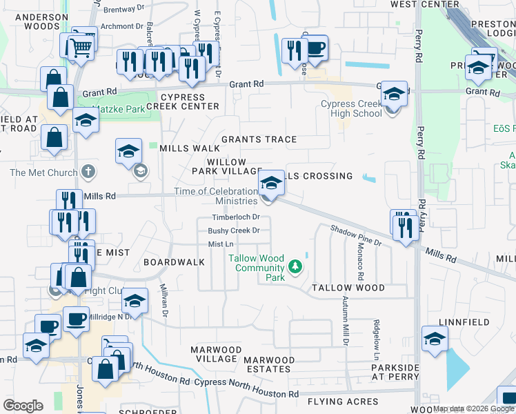 map of restaurants, bars, coffee shops, grocery stores, and more near 10302 Solitaire Circle in Houston