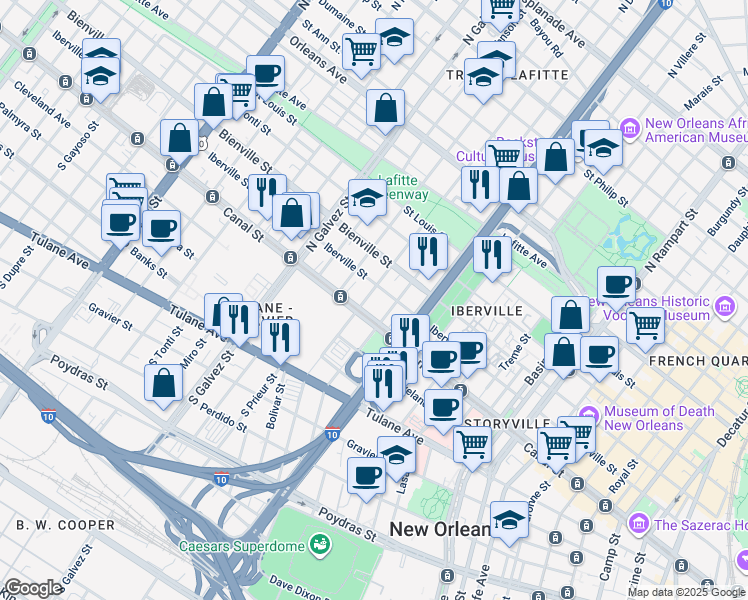 map of restaurants, bars, coffee shops, grocery stores, and more near 121 North Roman Street in New Orleans