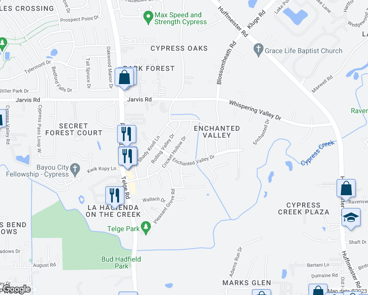 map of restaurants, bars, coffee shops, grocery stores, and more near 14702 Dale Hollow Lane in Cypress