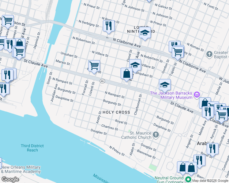 map of restaurants, bars, coffee shops, grocery stores, and more near 18 Saint Claude Court in New Orleans