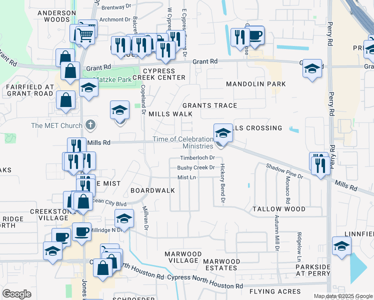 map of restaurants, bars, coffee shops, grocery stores, and more near 10535 Mills Road in Houston