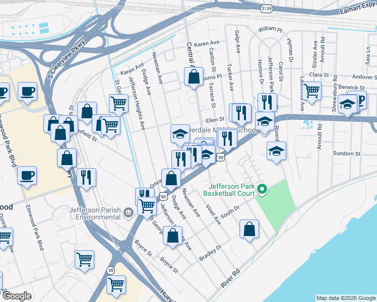 map of restaurants, bars, coffee shops, grocery stores, and more near 629 Newman Avenue in Jefferson