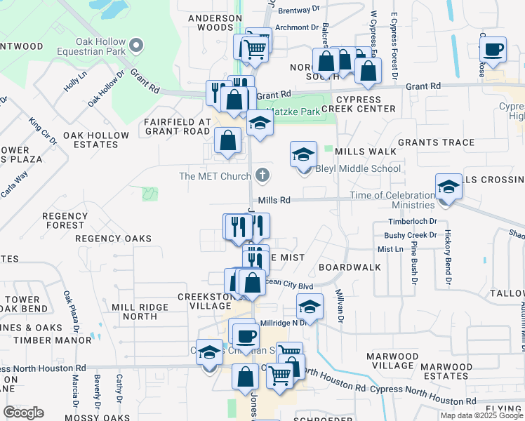map of restaurants, bars, coffee shops, grocery stores, and more near 12850 Jones Road in Houston