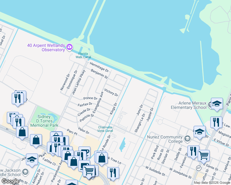 map of restaurants, bars, coffee shops, grocery stores, and more near 8521 Victory Drive in Chalmette