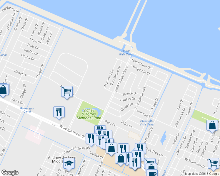 map of restaurants, bars, coffee shops, grocery stores, and more near 3813 Dominique Dr in Chalmette