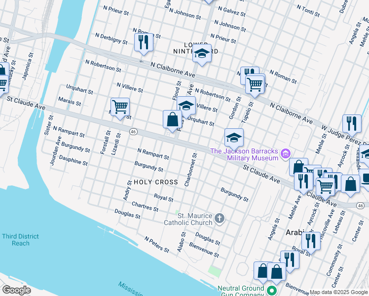 map of restaurants, bars, coffee shops, grocery stores, and more near 5640 Saint Claude Avenue in New Orleans