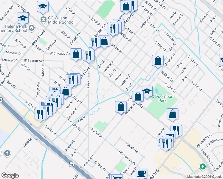 map of restaurants, bars, coffee shops, grocery stores, and more near 2711 Ave D in Nederland
