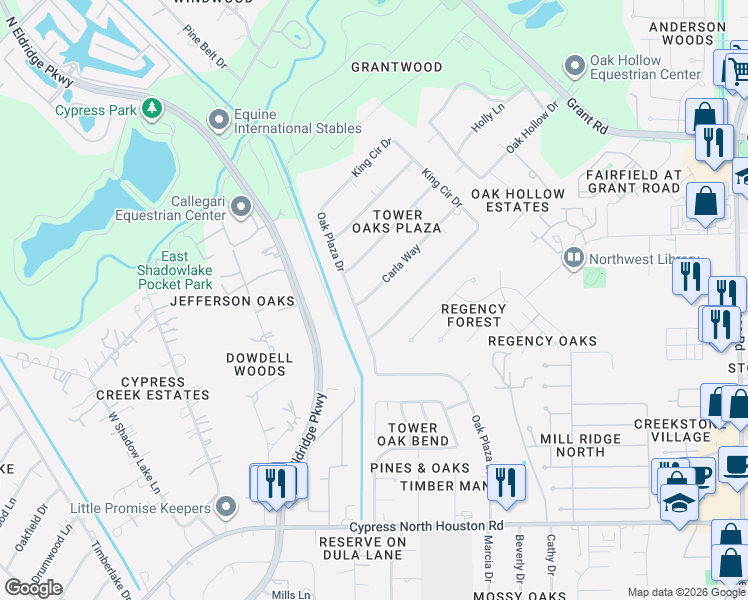 map of restaurants, bars, coffee shops, grocery stores, and more near 12906 Carla Way in Harris County