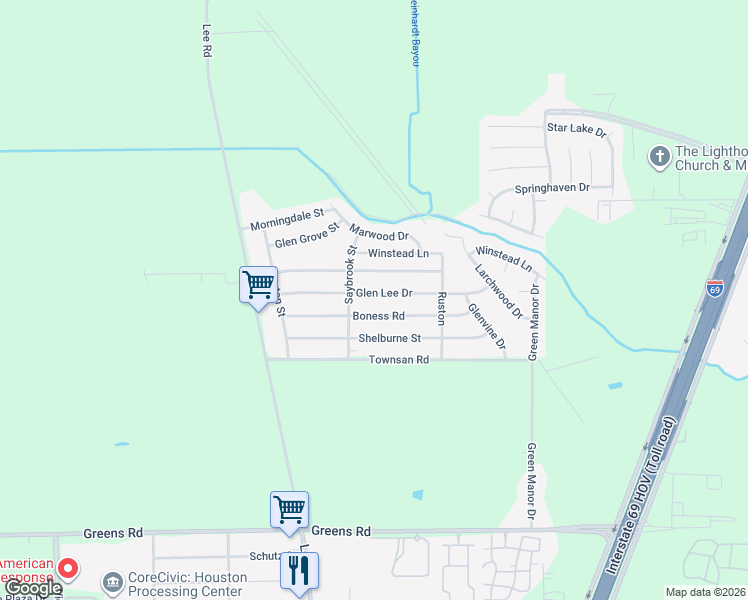 map of restaurants, bars, coffee shops, grocery stores, and more near 6022 Glen Lee Drive in Humble