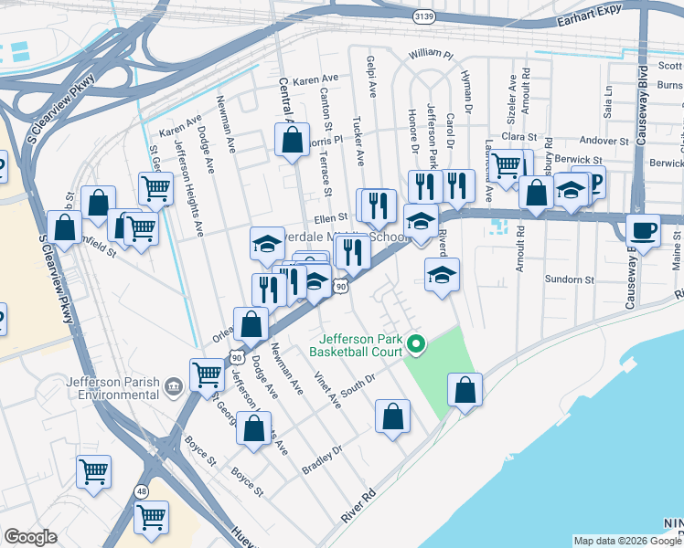 map of restaurants, bars, coffee shops, grocery stores, and more near 518 Terrace Street in Jefferson