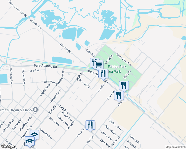 map of restaurants, bars, coffee shops, grocery stores, and more near 3900 Pure Atlantic Road in Groves