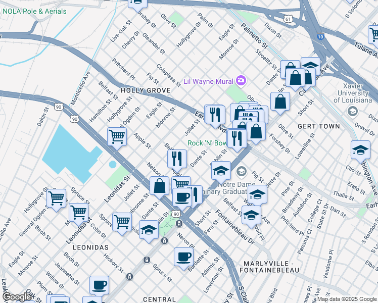 map of restaurants, bars, coffee shops, grocery stores, and more near 8338 Apricot Street in New Orleans