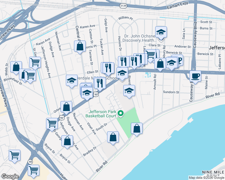 map of restaurants, bars, coffee shops, grocery stores, and more near 2303 Audubon Trace in Jefferson