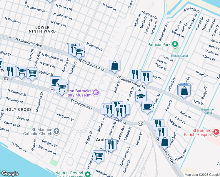 map of restaurants, bars, coffee shops, grocery stores, and more near 1409 Angela Street in Arabi