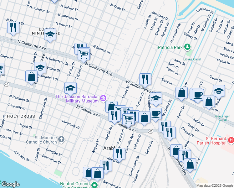 map of restaurants, bars, coffee shops, grocery stores, and more near 1409 Angela Street in Arabi