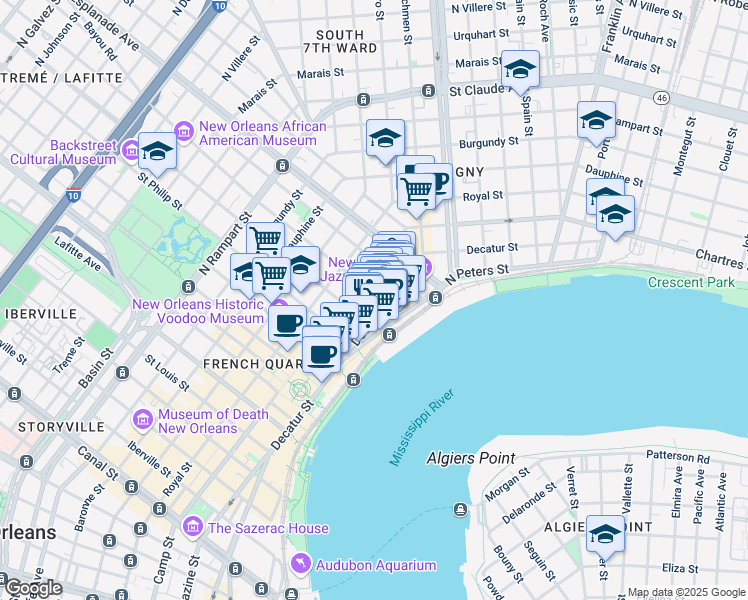 map of restaurants, bars, coffee shops, grocery stores, and more near 528 Governor Nicholls Street in New Orleans