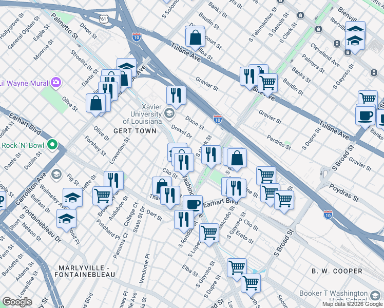 map of restaurants, bars, coffee shops, grocery stores, and more near 1045 South Genois Street in New Orleans