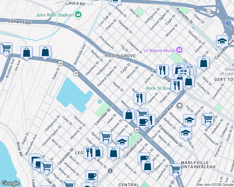 map of restaurants, bars, coffee shops, grocery stores, and more near 8637 Nelson Street in New Orleans