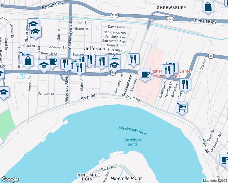 map of restaurants, bars, coffee shops, grocery stores, and more near 113 Rio Vista Avenue in Jefferson
