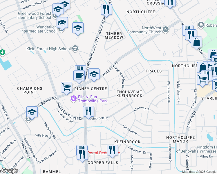 map of restaurants, bars, coffee shops, grocery stores, and more near Magnolia Trace Drive in Houston