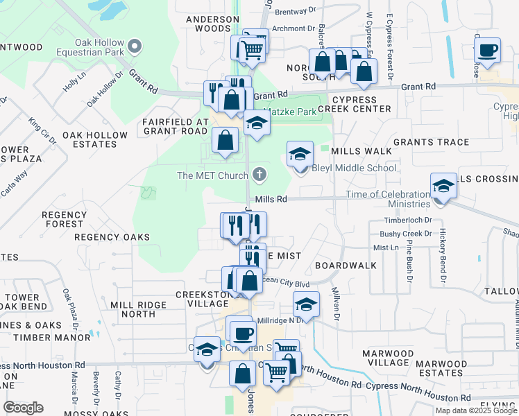 map of restaurants, bars, coffee shops, grocery stores, and more near 12850 Jones Road in Houston