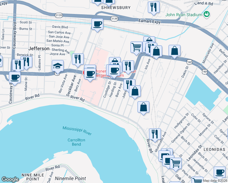 map of restaurants, bars, coffee shops, grocery stores, and more near 233 Harding Street in Jefferson