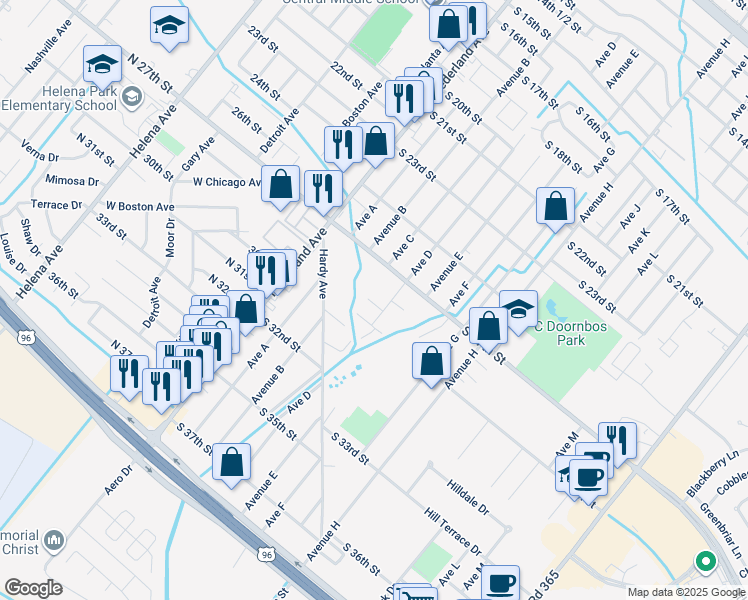 map of restaurants, bars, coffee shops, grocery stores, and more near 2816 Avenue D in Nederland