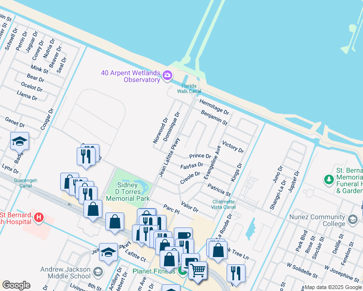 map of restaurants, bars, coffee shops, grocery stores, and more near 61 Queens Court West in Chalmette