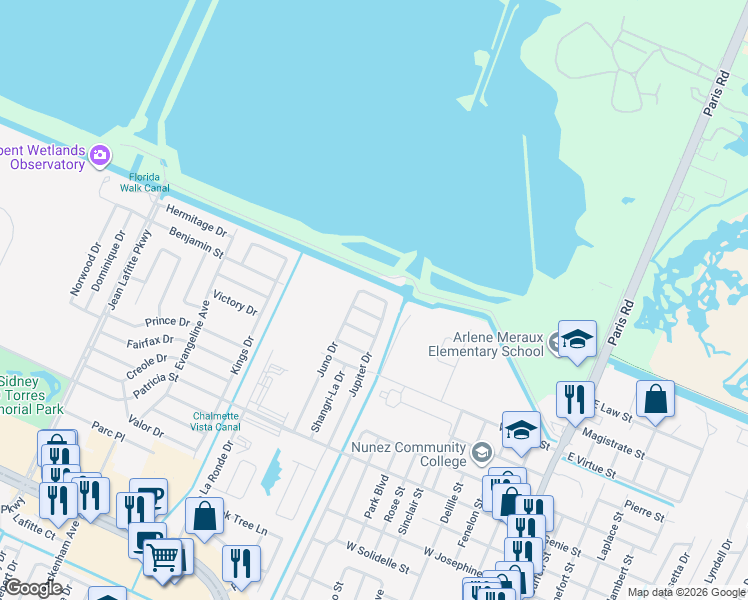 map of restaurants, bars, coffee shops, grocery stores, and more near 9101 Amour Drive in Chalmette