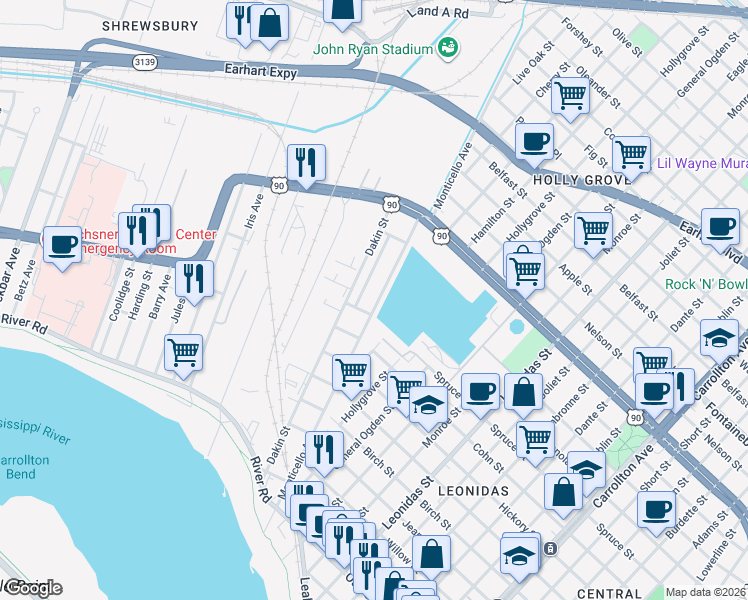 map of restaurants, bars, coffee shops, grocery stores, and more near 1000 Monticello Avenue in Jefferson