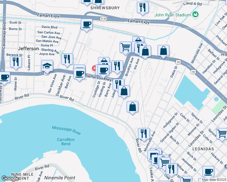 map of restaurants, bars, coffee shops, grocery stores, and more near 232 Jules Avenue in Jefferson