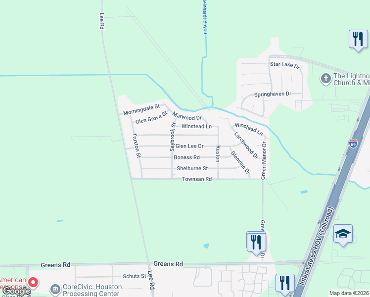 map of restaurants, bars, coffee shops, grocery stores, and more near 6022 Glen Lee Drive in Humble