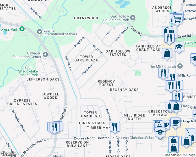 map of restaurants, bars, coffee shops, grocery stores, and more near 11710 Regency Forest Drive in Cypress
