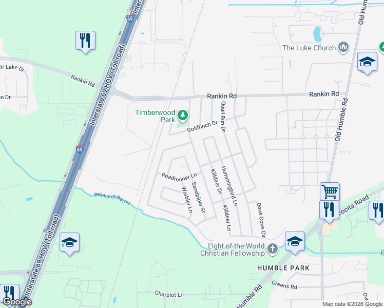map of restaurants, bars, coffee shops, grocery stores, and more near 2802 Kingfisher Drive in Humble